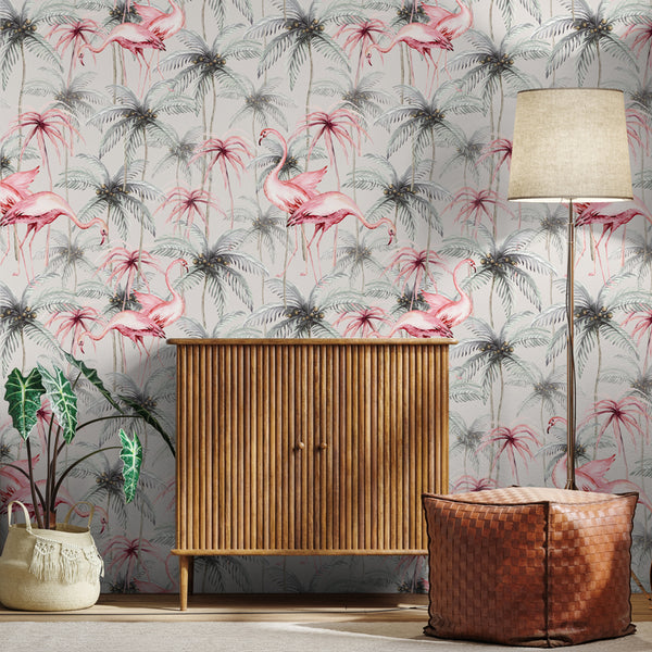 Flamingo and palm tree wallpaper with watercolor tropical design in blush pink and green tones, removable, eco-friendly, and easy to install.