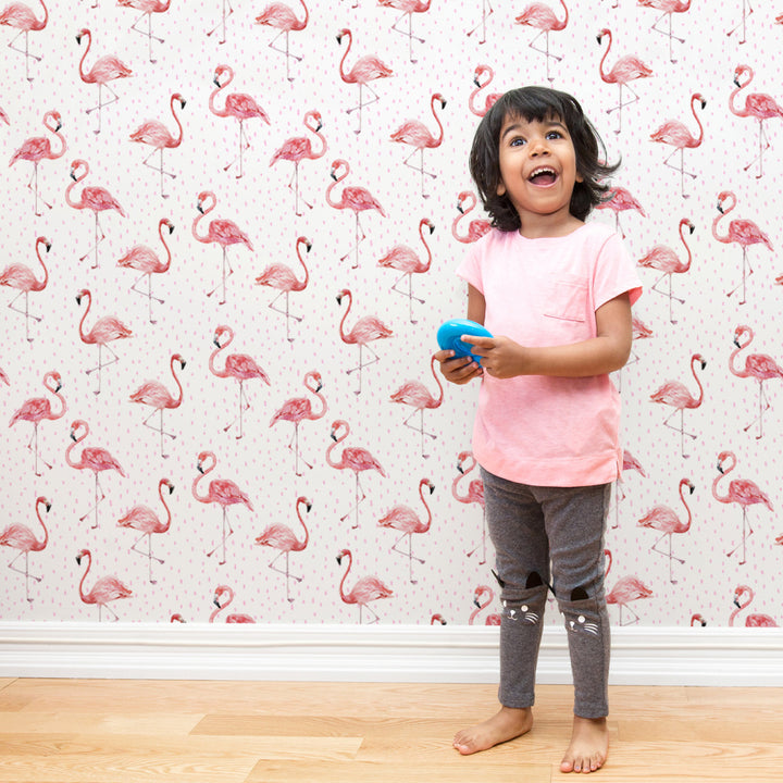 Playful watercolor flamingo wallpaper with painterly pink tones, removable peel-and-stick or pre-pasted options, eco-friendly and safe for walls.