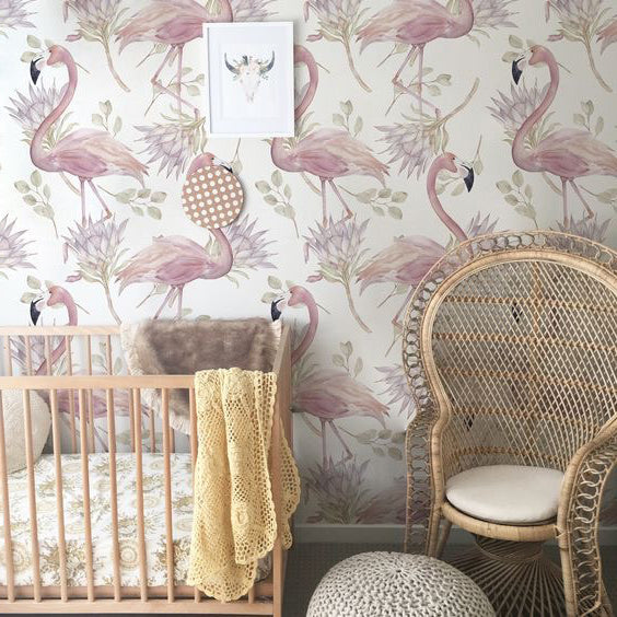 Tropical flamingo wallpaper pattern with watercolor birds, flowers, and greenery, ideal for girls’ bedrooms or nursery feature walls, removable and wall-safe.