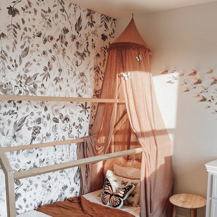 Whimsical watercolor floral wallpaper in shades of grey with artistic hand-painted botanicals, removable and damage-free, perfect for nurseries and modern home décor.