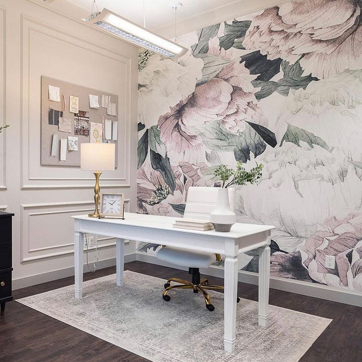 Elegant blush and sage oversized peony floral wallpaper with hand-painted botanical details, available in peel and stick or pre-pasted removable material for nurseries and modern feminine interiors.