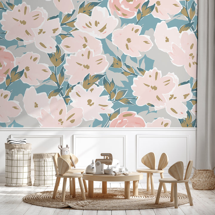 Removable watercolor-inspired floral wallpaper featuring hand-painted pink flowers and botanical accents
