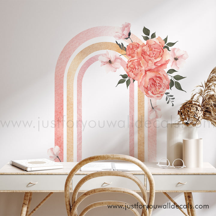 rainbow flower wall decal, floral rainbow wall decal, pink and gold rainbow wall decal with pink flowers. Girls room wall decal