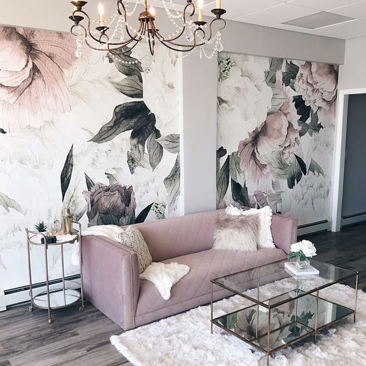 Large-scale watercolor peony wallpaper in soft blush, cream and green tones, designed for nursery accent walls, bedrooms, or living spaces, removable and available in peel and stick or pre-pasted.