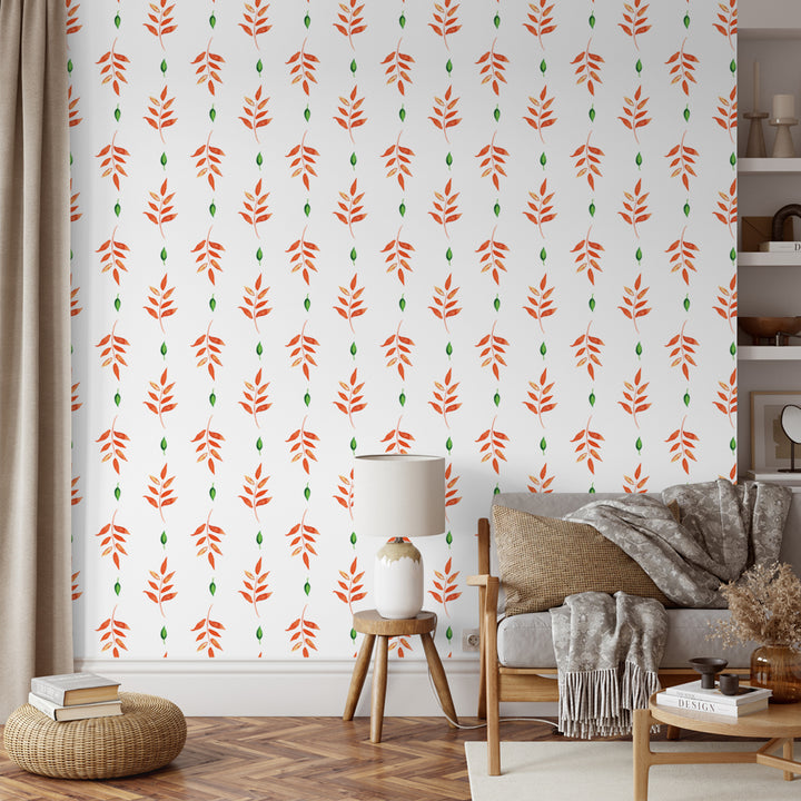 Orange and green watercolor vine wallpaper with hand-painted leaves on white background, removable peel-and-stick or pre-pasted, modern and stylish.