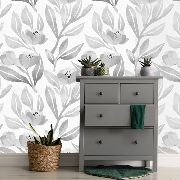Modern monochrome floral wallpaper in soft grey tones, featuring oversized watercolor flowers for a stylish yet calming wall statement.