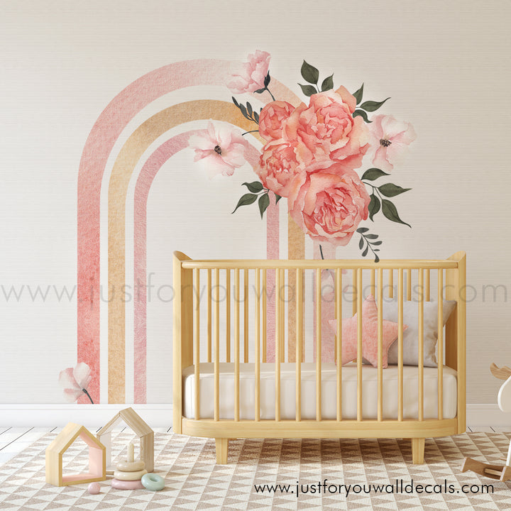 rainbow flower wall decal, floral rainbow wall decal, pink and gold rainbow wall decal with pink flowers. Girls room wall decal