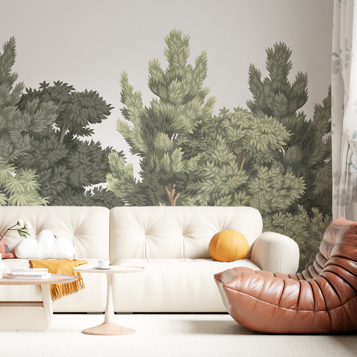 Lush green forest wallpaper mural featuring hand-drawn trees and foliage for a natural and calming atmosphere. tree wall mural, forest wall mural, tree wallpaper, forest wallpaper, forest scenic wallpaper