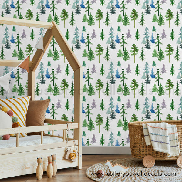 forest wallpaper, Watercolor pine tree pattern wallpaper in soft greens, blues, and purples.