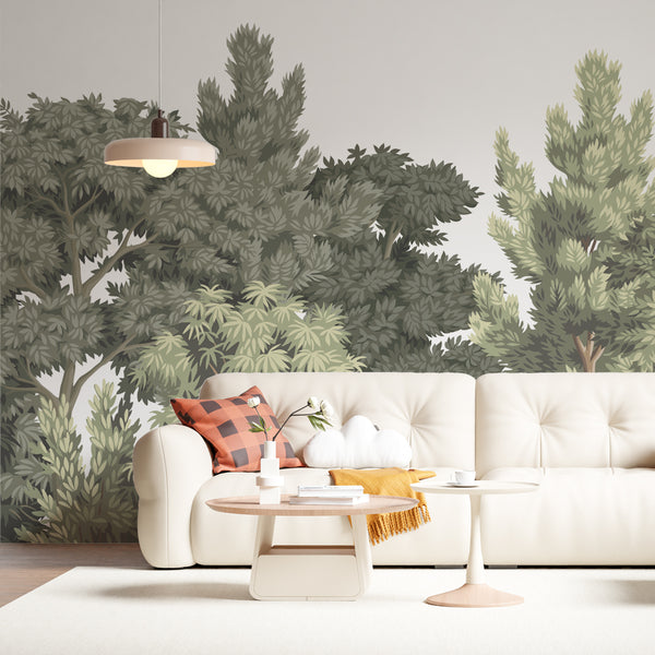 Lush green forest wallpaper mural featuring hand-drawn trees and foliage for a natural and calming atmosphere. tree wall mural, forest wall mural, tree wallpaper, forest wallpaper, forest scenic wallpaper