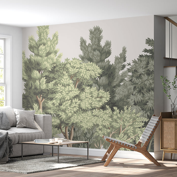 Botanical-inspired wall mural with evergreen trees and leafy foliage, perfect for nature-themed interiors.