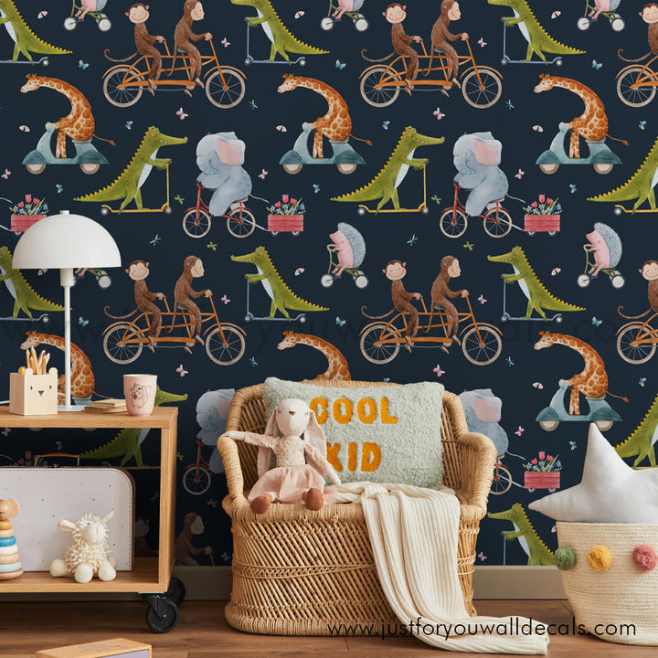 Dark animal parade wallpaper featuring watercolor elephants, giraffes, dinosaurs, and monkeys on bikes and scooters, removable peel-and-stick or pre-pasted, eco-friendly.