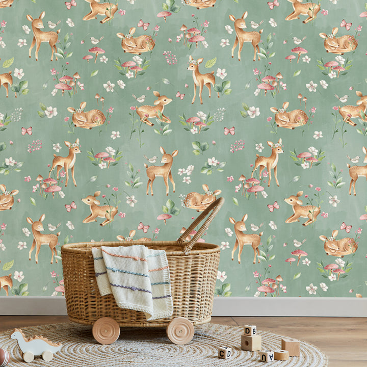Cute fawn wallpaper with whimsical forest animals and botanical elements in pastel watercolor style, printed in removable wallpaper for easy DIY decorating.