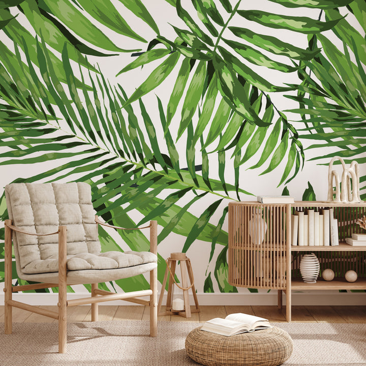 Oversized green palm leaf wallpaper with watercolor tropical leaves, eco-friendly and removable, ideal for living room, bedroom, or office accent walls.