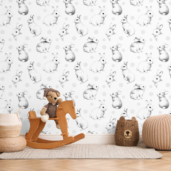 Hand-drawn bunny wallpaper featuring black and white rabbit sketches on a dotted background, perfect for nurseries, kids’ rooms, or modern farmhouse décor, removable and eco-friendly.