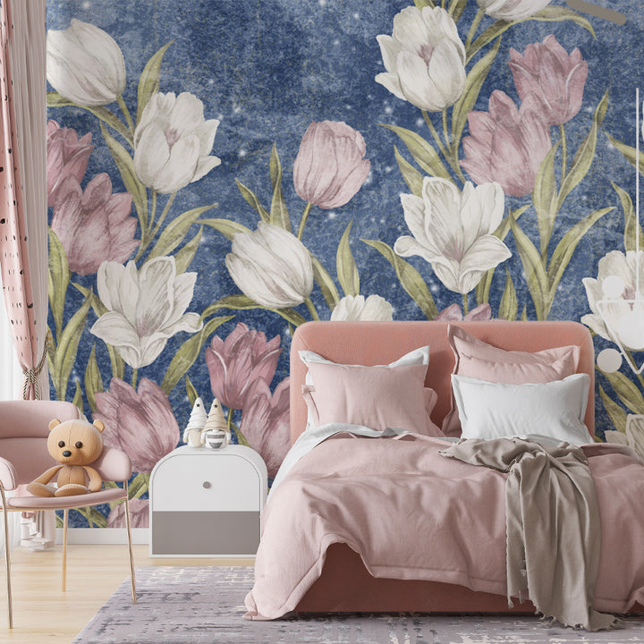 Floral Tulip Flower Peel and Stick Removable Wallpaper, Pink and White Floral Wallpaper Peel and Stick Wallpaper