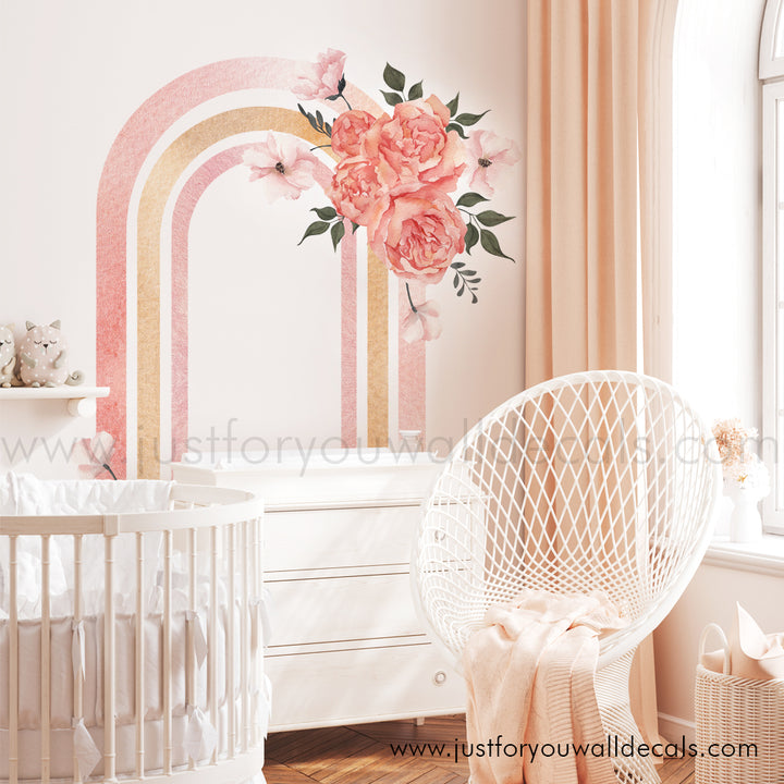 rainbow flower wall decal, floral rainbow wall decal, pink and gold rainbow wall decal with pink flowers. Girls room wall decal