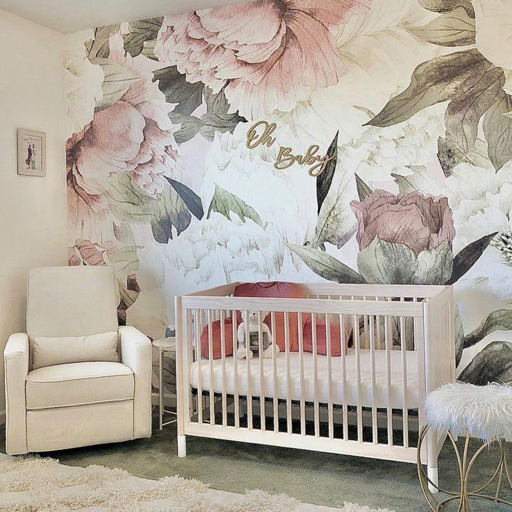 Romantic oversized peony floral wallpaper with watercolor blooms in soft pink and white, removable and offered in peel and stick or pre-pasted options, perfect for baby girl nurseries or bedrooms.