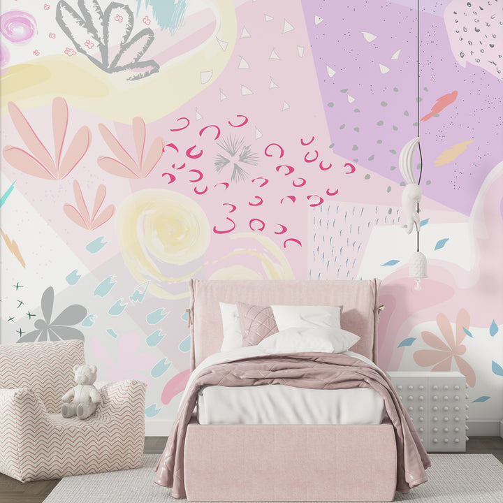 Pastel abstract wallpaper, Girls' room peel and stick wallpaper, Modern artistic mural wallpaper, Whimsical nursery wall décor, Soft pink and purple wallpaper, Hand-painted floral wallpaper, Playful abstract design wall mural, DIY removable wallpaper for kids, Cute boho chic bedroom wallpaper, Watercolor pastel wall mural