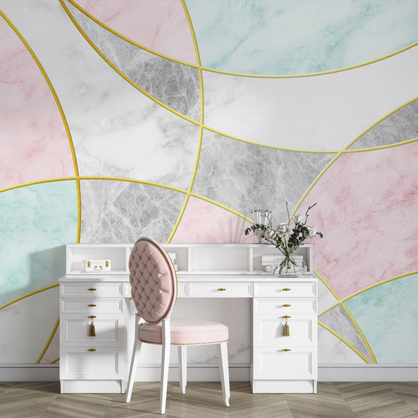Elegant geometric marble wallpaper with pink, white, gray, and mint tones accented by gold lines