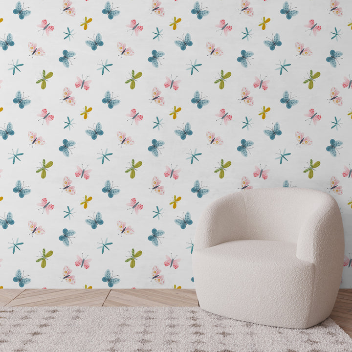 Colorful butterfly and dragonfly wallpaper bringing joy and whimsy to kids’ bedrooms, easy peel and stick or pre-pasted installation with no wall damage.