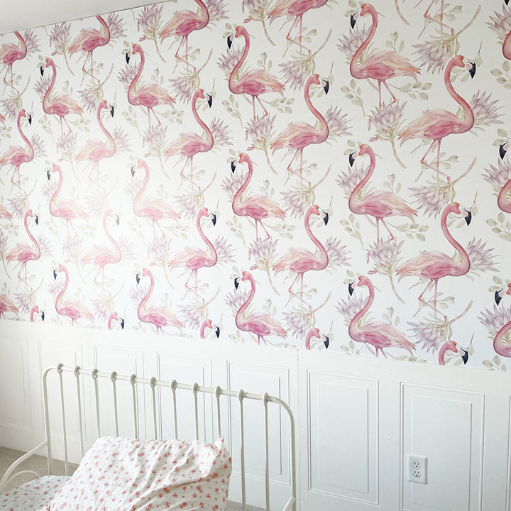 Flamingo floral wallpaper with pink watercolor birds and leaves, removable, eco-friendly, and available in peel-and-stick or pre-pasted for easy DIY installation.