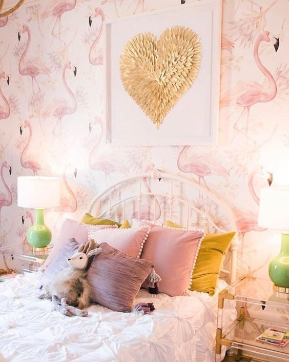 Watercolor flamingo wallpaper in blush pink and lilac tones, elegant and feminine design for nursery or powder room, removable and eco-friendly.