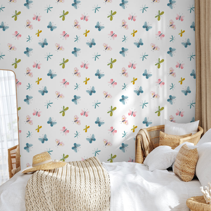 Butterfly and dragonfly wallpaper pattern ideal for nursery or playroom, removable and safe for walls with eco-friendly materials and soft matte finish.