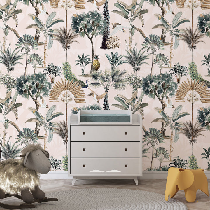 Luxury botanical wallpaper with tropical foliage, peacocks, and pineapples in a vintage-inspired design.
