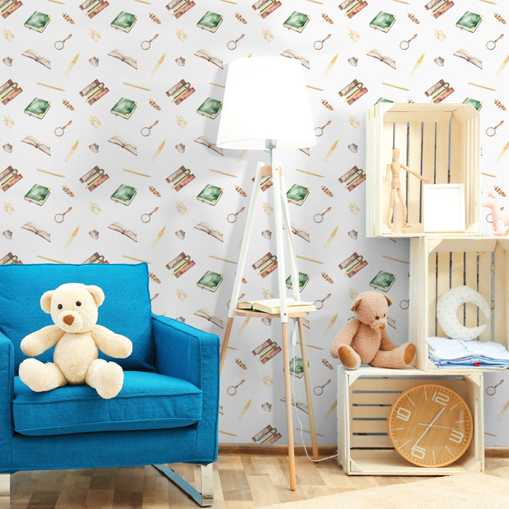 Watercolor wallpaper pattern with books, quills, candles, and magnifying glasses on a white background. harry potter peel and stick removable wallpaper
