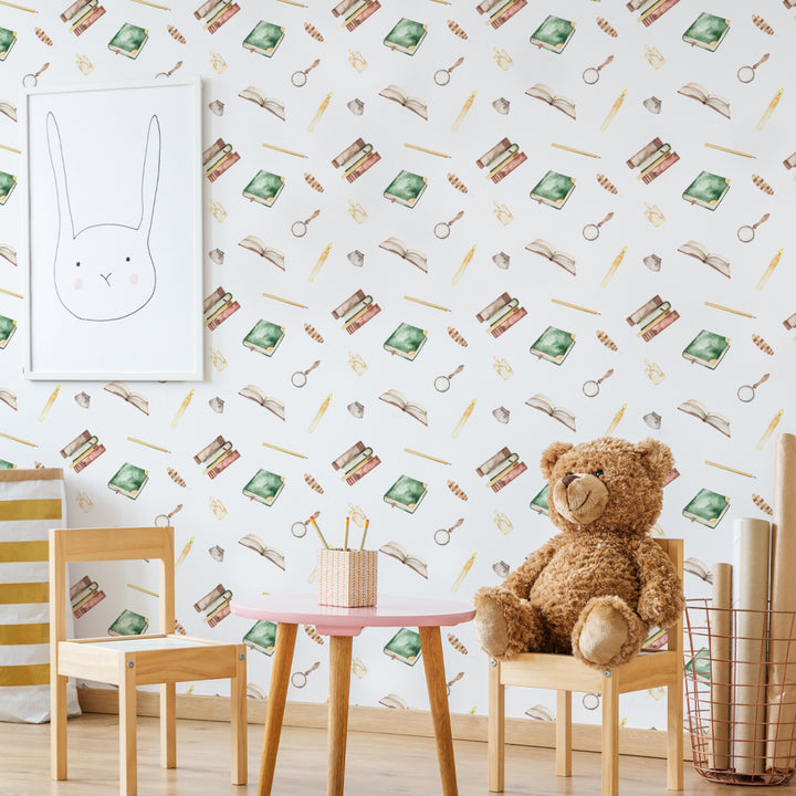 Whimsical school-themed wallpaper featuring magical books, writing tools, and study elements. harry potter peel and stick removable wallpaper