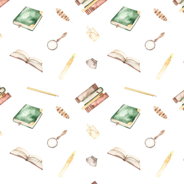 Whimsical school-themed wallpaper featuring magical books, writing tools, and study elements. harry potter peel and stick removable wallpaper