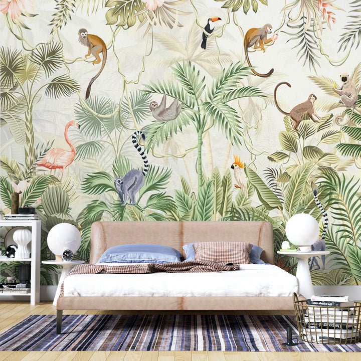 Jungle safari wallpaper with exotic animals and lush tropical greenery, kids nursery safari jungle animal removable peel and stick wallpaper, Removable rainforest wallpaper, Wildlife adventure wall mural, Exotic animal jungle wallpaper, Nature-inspired kids room decor, Playful monkey wallpaper for nursery, kids nursery safari jungle animal, removable peel and stick wallpaper