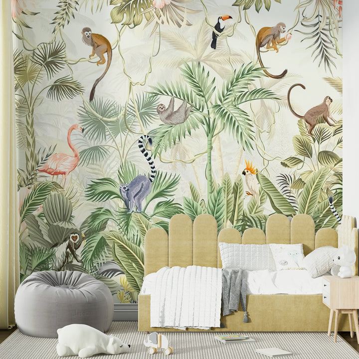 Playful monkey and sloth-themed rainforest wall mural for kids' rooms, kids nursery safari jungle animal removable peel and stick wallpaper