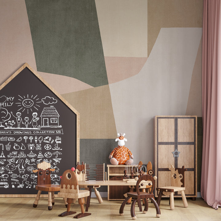 Neutral geometric wallpaper mural in beige, olive, and blush tones behind a wood bench and woven baskets.