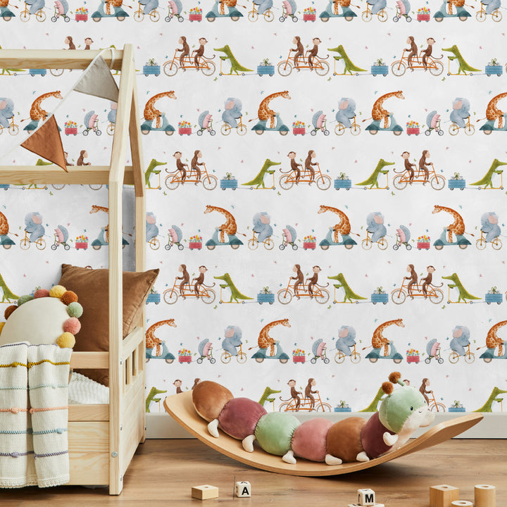 Whimsical animal wallpaper featuring elephants, giraffes, monkeys, and dinosaurs on bikes and scooters, perfect for nurseries, removable and eco-friendly wall covering.