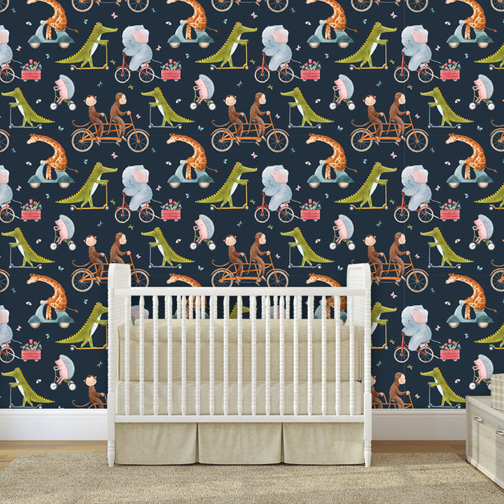 Midnight animal wallpaper design with giraffes, elephants, and dinosaurs on wheels, peel-and-stick or pre-pasted, eco-friendly and damage-free.