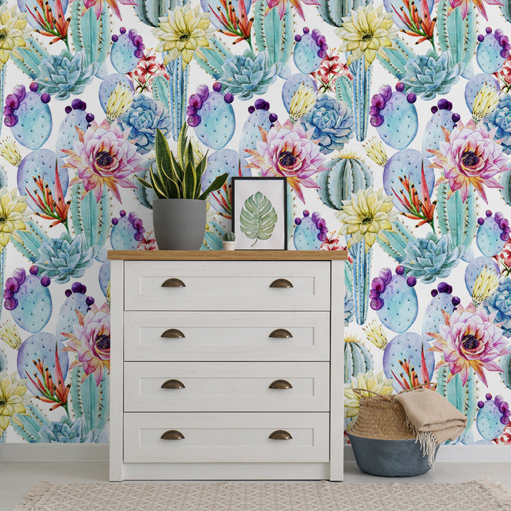 Hand-painted cactus and succulent watercolor wallpaper with blooming pink, yellow, and purple flowers. Adds vibrant charm to laundry rooms, bedrooms, or nurseries. Easy to install and remove, available in peel-and-stick or pre-pasted formats.