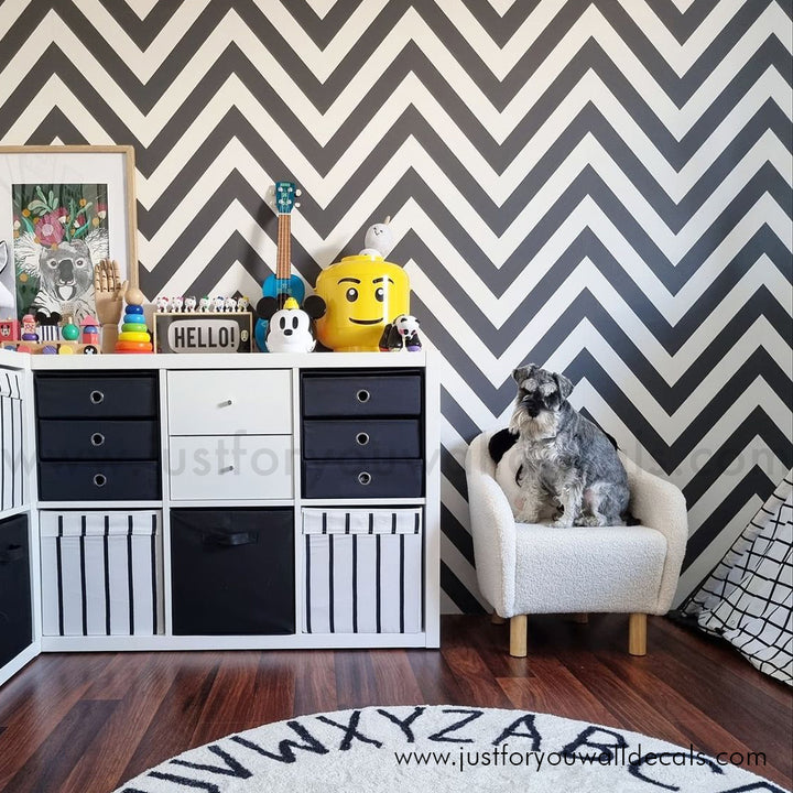Contemporary zigzag stripe wallpaper design perfect for nurseries and playrooms, black and white wallpaper, chevron wallpaper, bold wallpaper, modern wallpaper, herringbone wallpaper, peel and stick, removable wallpaper, pre pasted wallpaper
