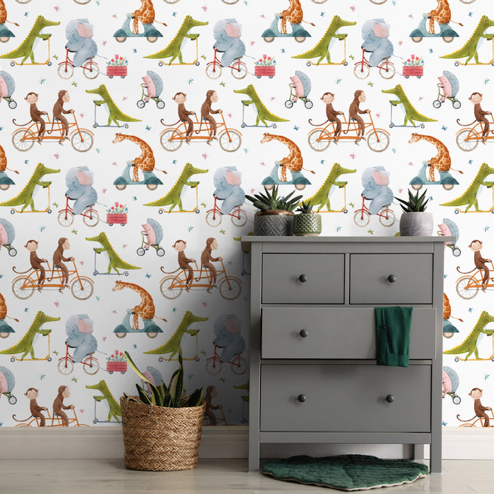 Cute animal wallpaper featuring monkeys, elephants, and dinosaurs on bikes and wagons, removable, eco-friendly, and perfect for kids’ spaces.