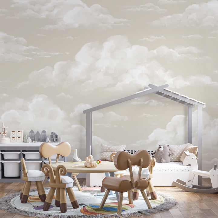 Soft neutral sky wallpaper mural featuring calming beige clouds, available in renter-friendly peel and stick or water-activated pre-pasted wallpaper.
