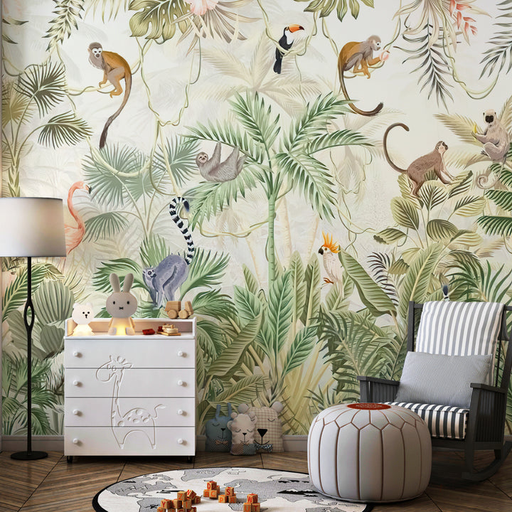 Playful monkey and sloth-themed rainforest wall mural for kids' rooms, kids nursery safari jungle animal removable peel and stick wallpaper