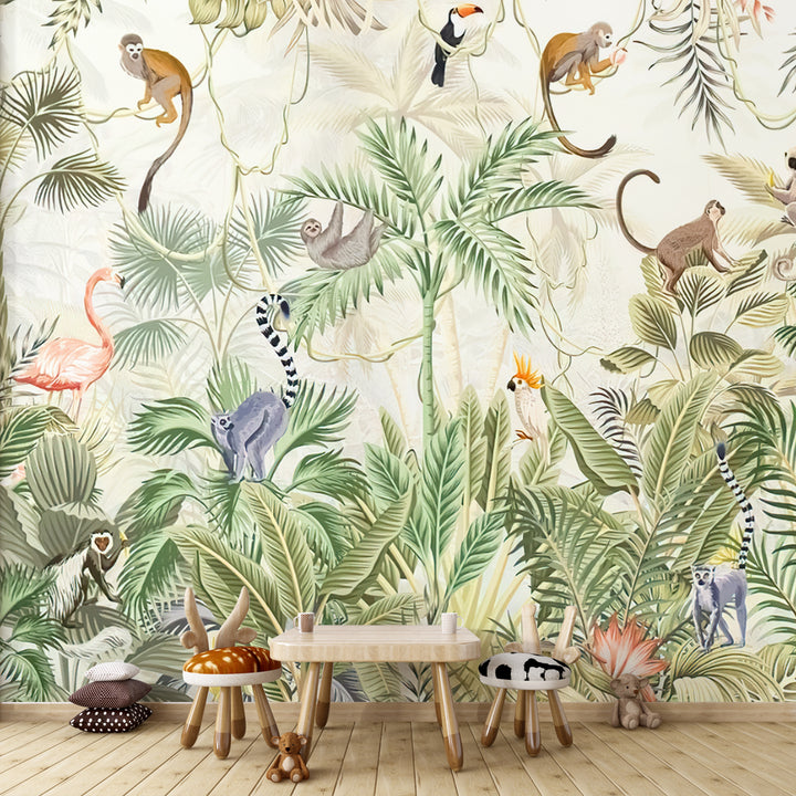 Jungle safari wallpaper, Tropical rainforest wall mural, Kids animal wallpaper, Peel and stick jungle wallpaper, Safari-themed nursery decor, kids nursery safari jungle animal, removable peel and stick wallpaper