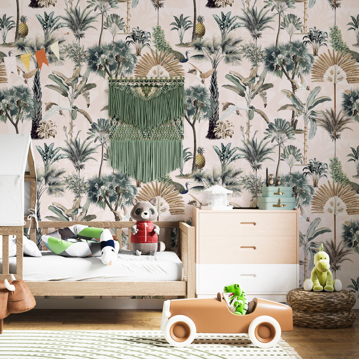 A calming wallpaper design featuring soft, muted tropical leaves in beige and cream tones, creating a serene ambiance in a modern bedroom setting.
