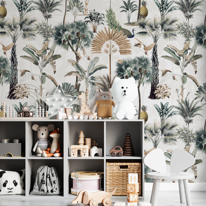 Elegant tropical wallpaper featuring lush palm trees, exotic birds, and golden fan motifs on a light background.