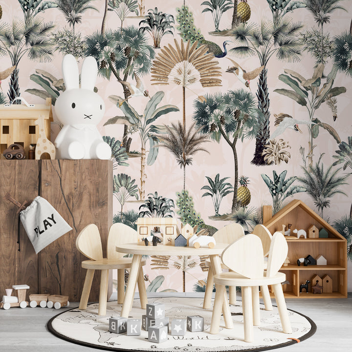 Girls Room Tropical Wallpaper, Kids Room Palm Tree Tropical Wallpaper, Gender Neutral Nursery Wallpaper, Boho Tropical Wallpaper, peel and stick wallpaper