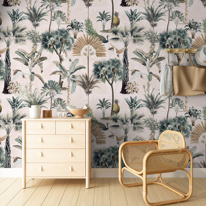 A calming wallpaper design featuring soft, muted tropical leaves in beige and cream tones, creating a serene ambiance in a modern bedroom setting.
