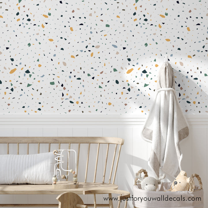 nursery wallpaper, Modern terrazzo-inspired wallpaper design in earthy tones on a white background