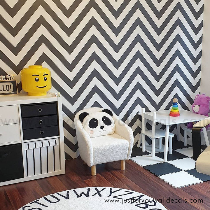 Contemporary zigzag stripe wallpaper design perfect for nurseries and playrooms, black and white wallpaper, chevron wallpaper, bold wallpaper, modern wallpaper, herringbone wallpaper, peel and stick, removable wallpaper, pre pasted wallpaper