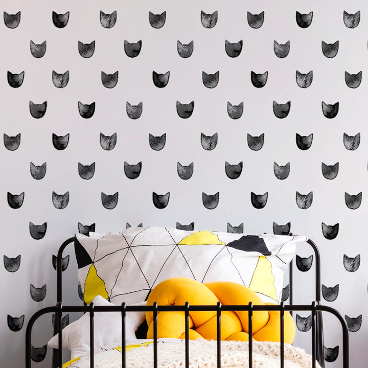 Hand-painted watercolor cat face wallpaper in grayscale tones with a simple dot-like pattern, perfect for nurseries, playrooms, and modern gender-neutral décor.